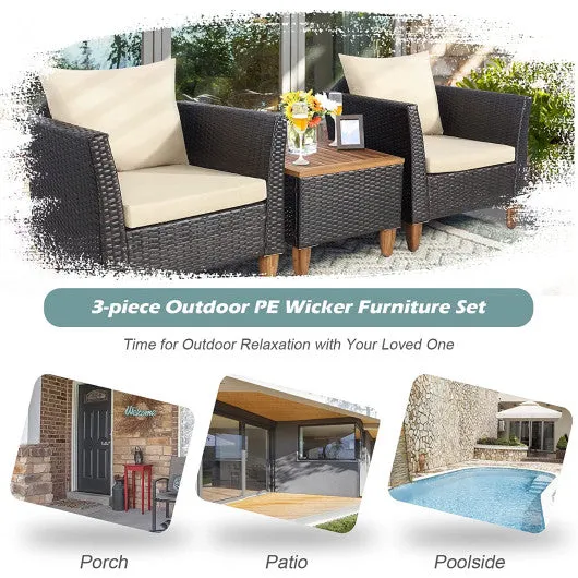 3 Pieces Patio Rattan Bistro Furniture Set with Wooden Table Top-Beige