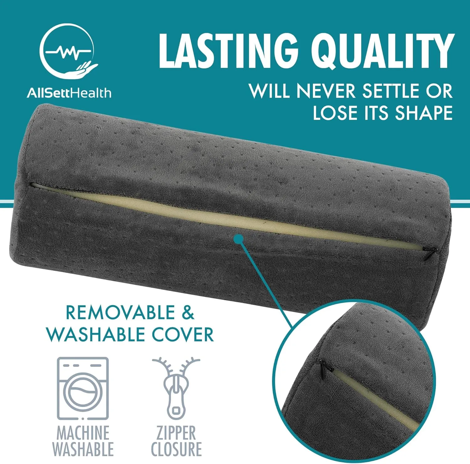 AllSett Health Round Cervical Roll Cylinder Bolster Pillow with Removable Washable Cover, Ergonomically Designed for Head, Neck, Back, and Legs, Grey