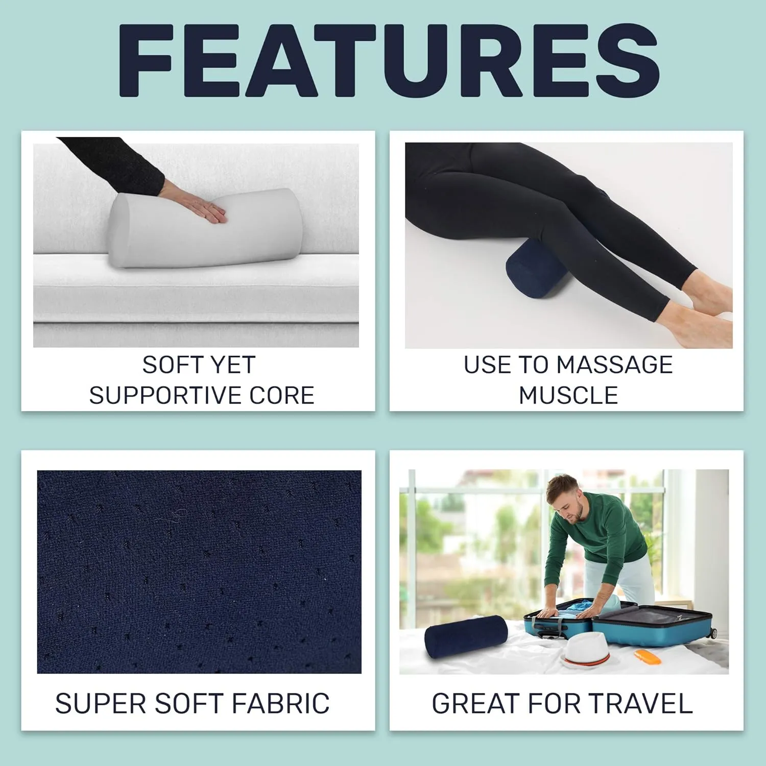 AllSett Health Round Cervical Roll Cylinder Bolster Pillow with Removable Washable Cover, Ergonomically Designed for Head, Neck, Back, and Legs || Ideal for Spine and Neck Support, Navy