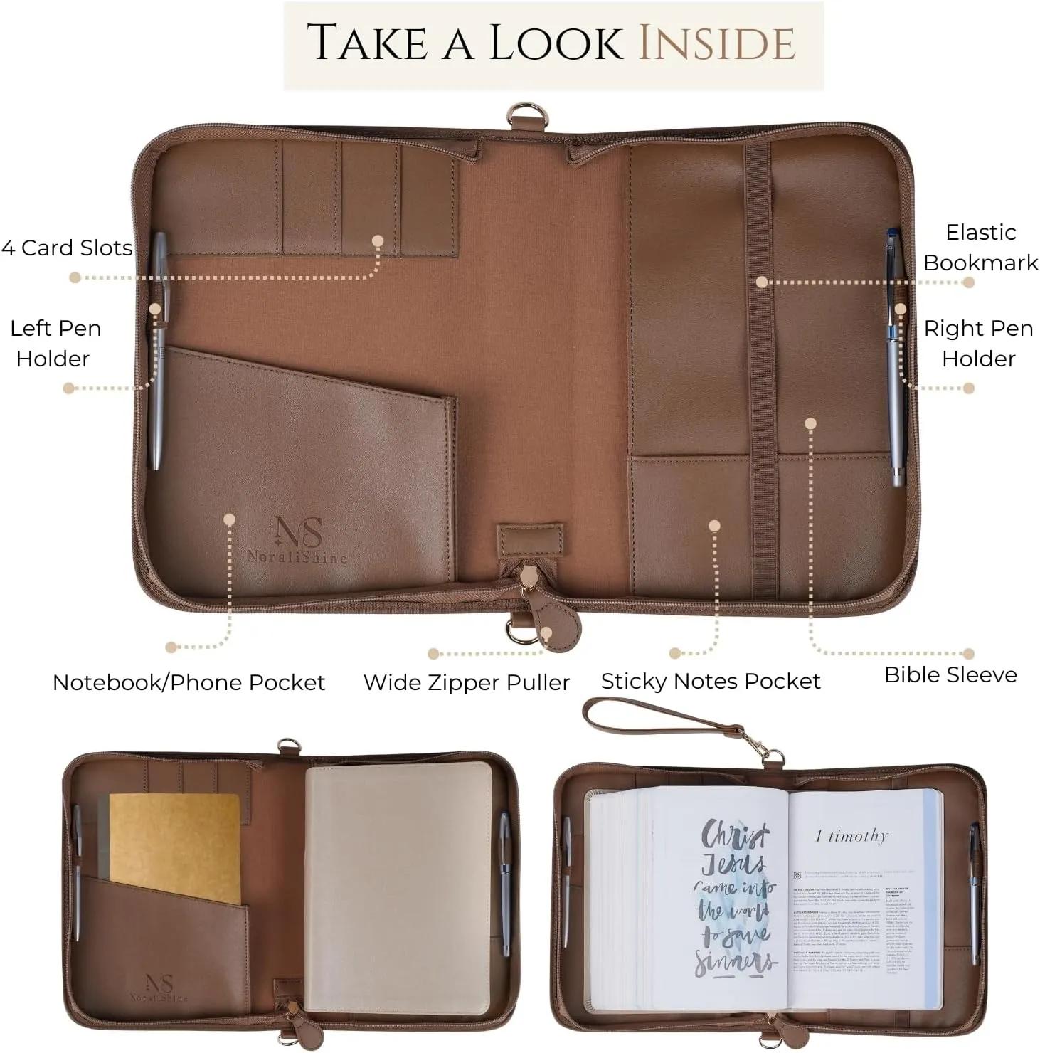 Brown Large Bible Cover Case for Women Leather, Bible Cases for Woman, Large PU Leather Bible Covers for Women w/Shoulder Strap, Zipper Closure, Ideal for Christian Art Gifts Bible Cover