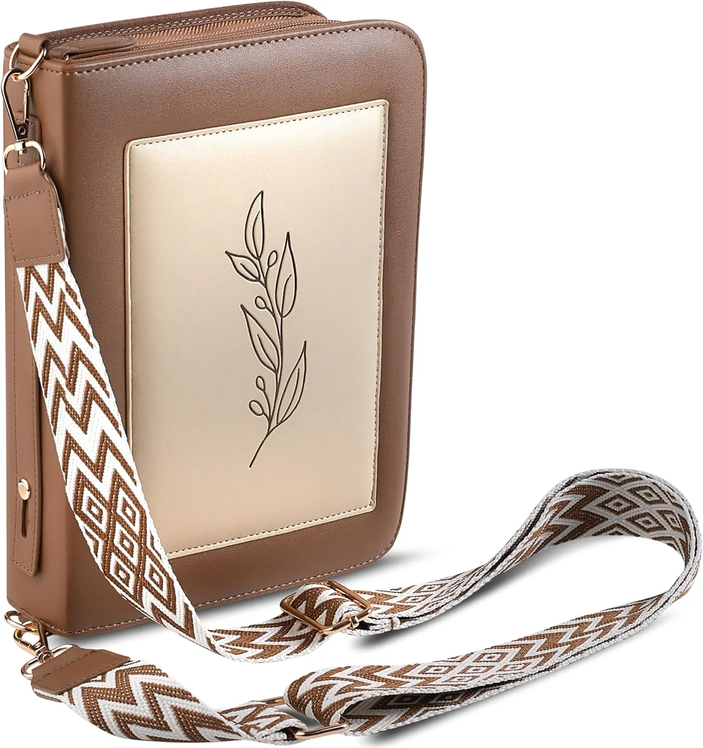 Brown Large Bible Cover Case for Women Leather, Bible Cases for Woman, Large PU Leather Bible Covers for Women w/Shoulder Strap, Zipper Closure, Ideal for Christian Art Gifts Bible Cover