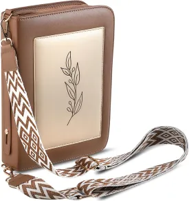 Brown Large Bible Cover Case for Women Leather, Bible Cases for Woman, Large PU Leather Bible Covers for Women w/Shoulder Strap, Zipper Closure, Ideal for Christian Art Gifts Bible Cover