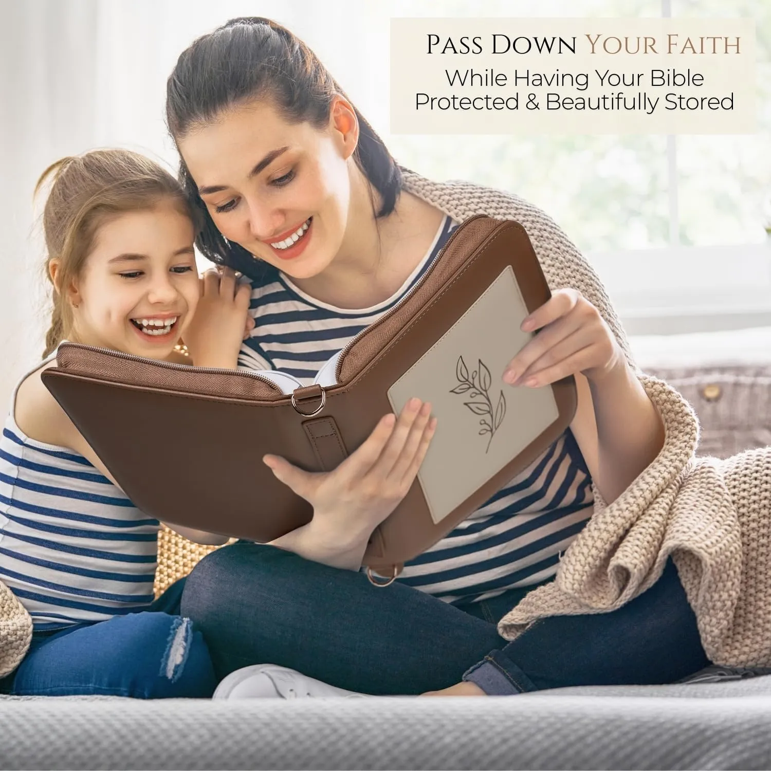 Brown Large Bible Cover Case for Women Leather, Bible Cases for Woman, Large PU Leather Bible Covers for Women w/Shoulder Strap, Zipper Closure, Ideal for Christian Art Gifts Bible Cover
