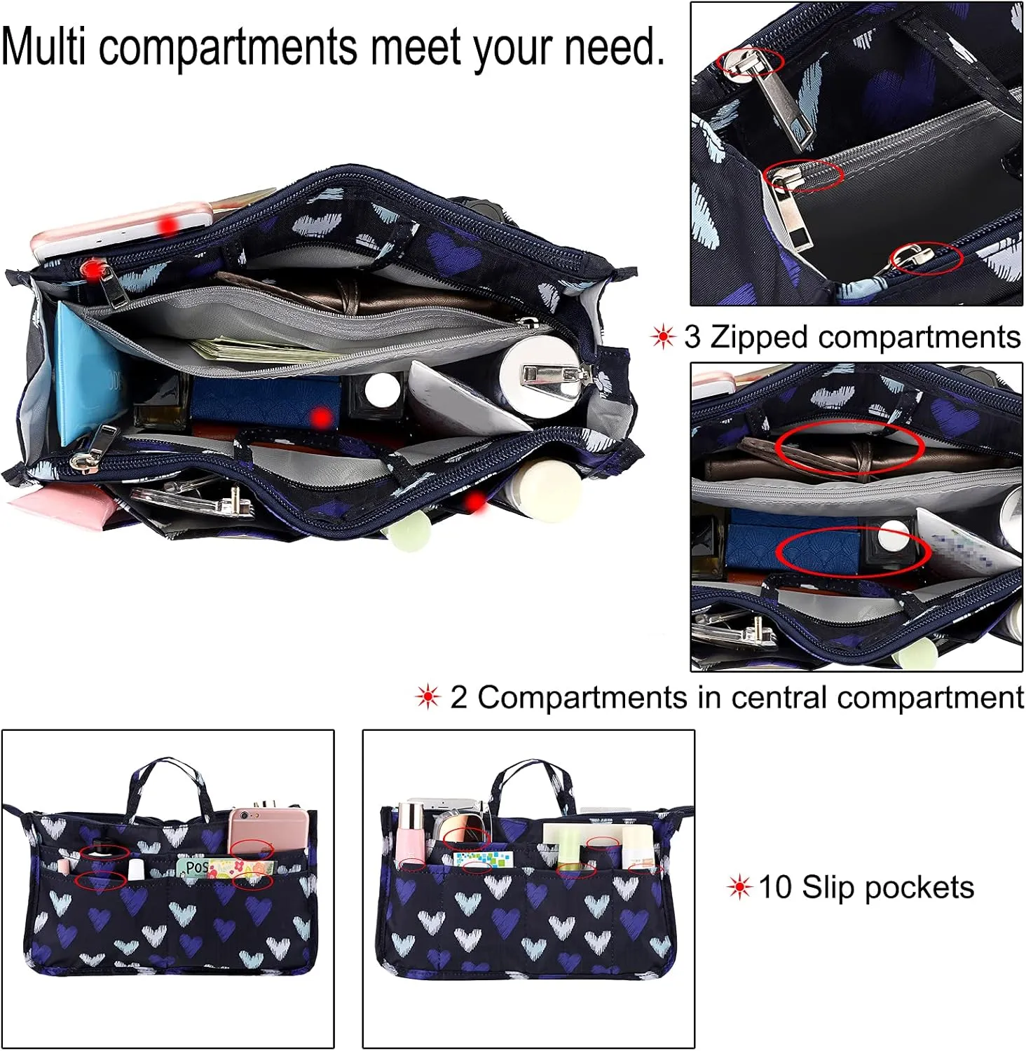 BTSKY Printing Handbag Organizers Inside Purse Insert - High Capacity 13 Pockets Bag Tote Organizer with Handle (Blue Heart)