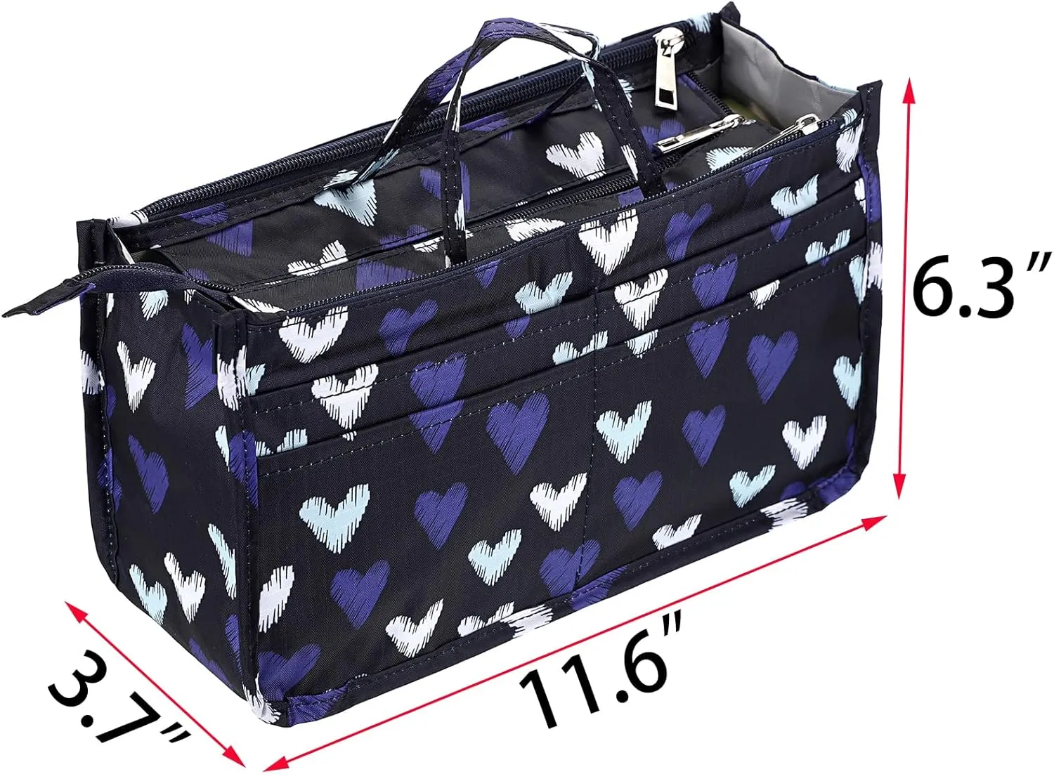 BTSKY Printing Handbag Organizers Inside Purse Insert - High Capacity 13 Pockets Bag Tote Organizer with Handle (Blue Heart)
