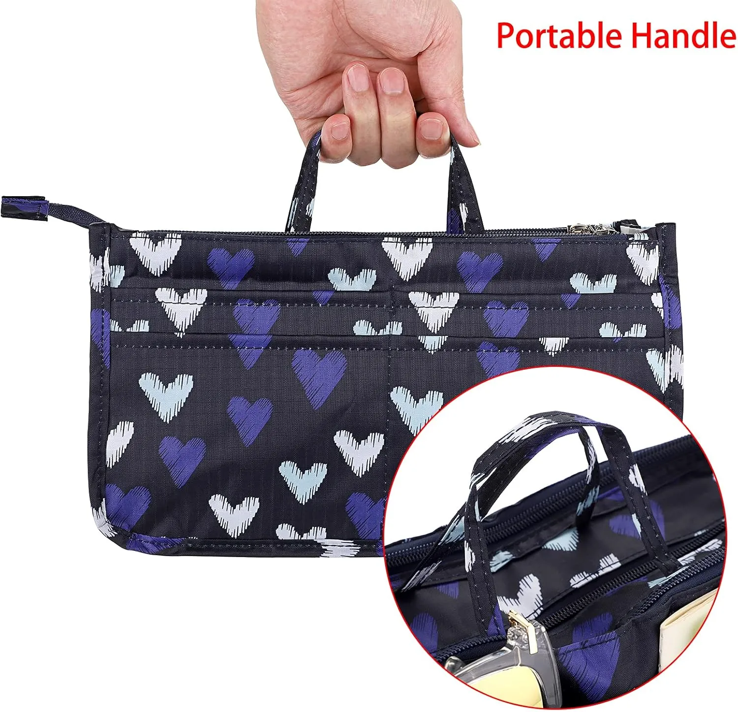 BTSKY Printing Handbag Organizers Inside Purse Insert - High Capacity 13 Pockets Bag Tote Organizer with Handle (Blue Heart)
