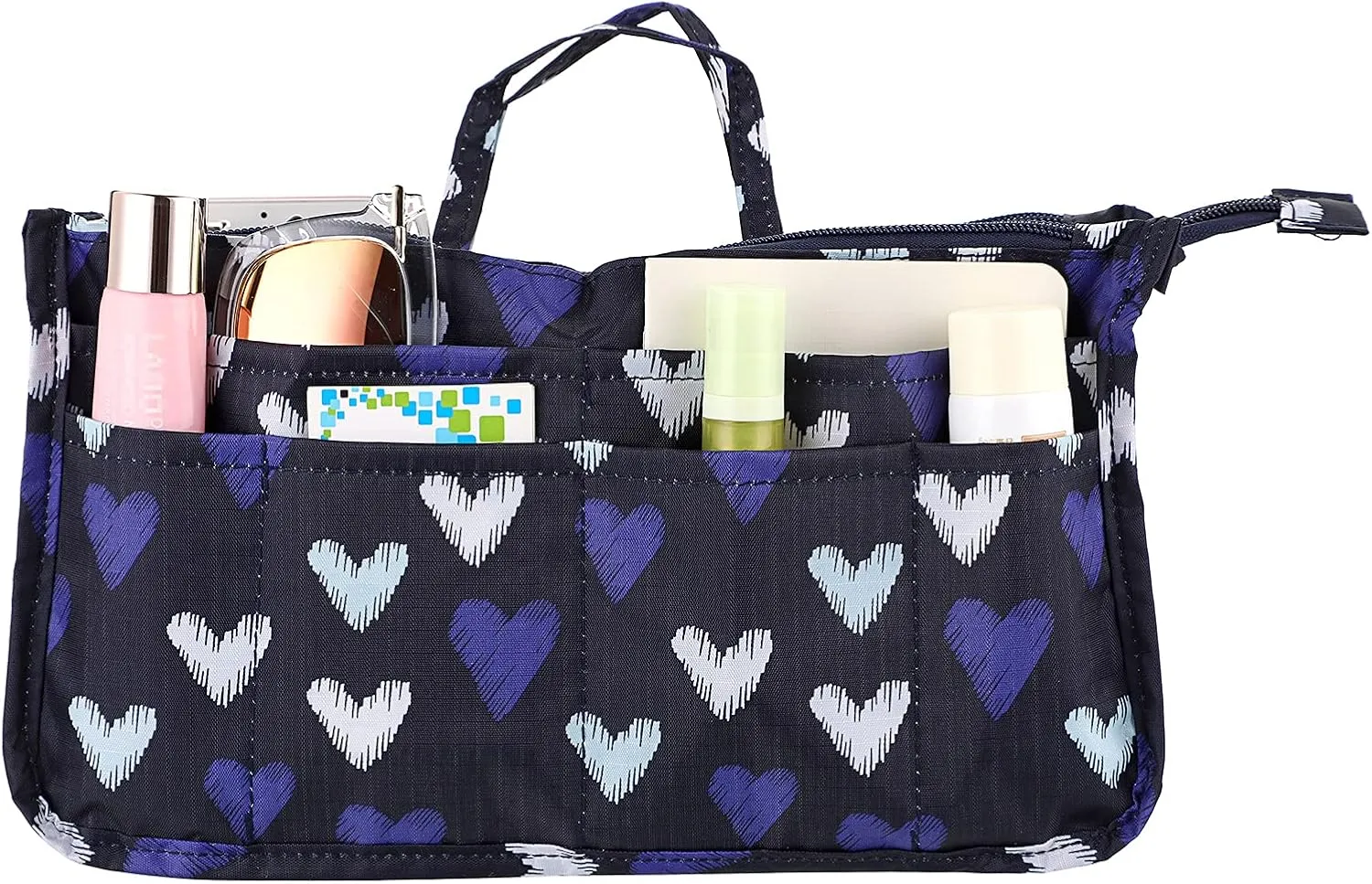 BTSKY Printing Handbag Organizers Inside Purse Insert - High Capacity 13 Pockets Bag Tote Organizer with Handle (Blue Heart)