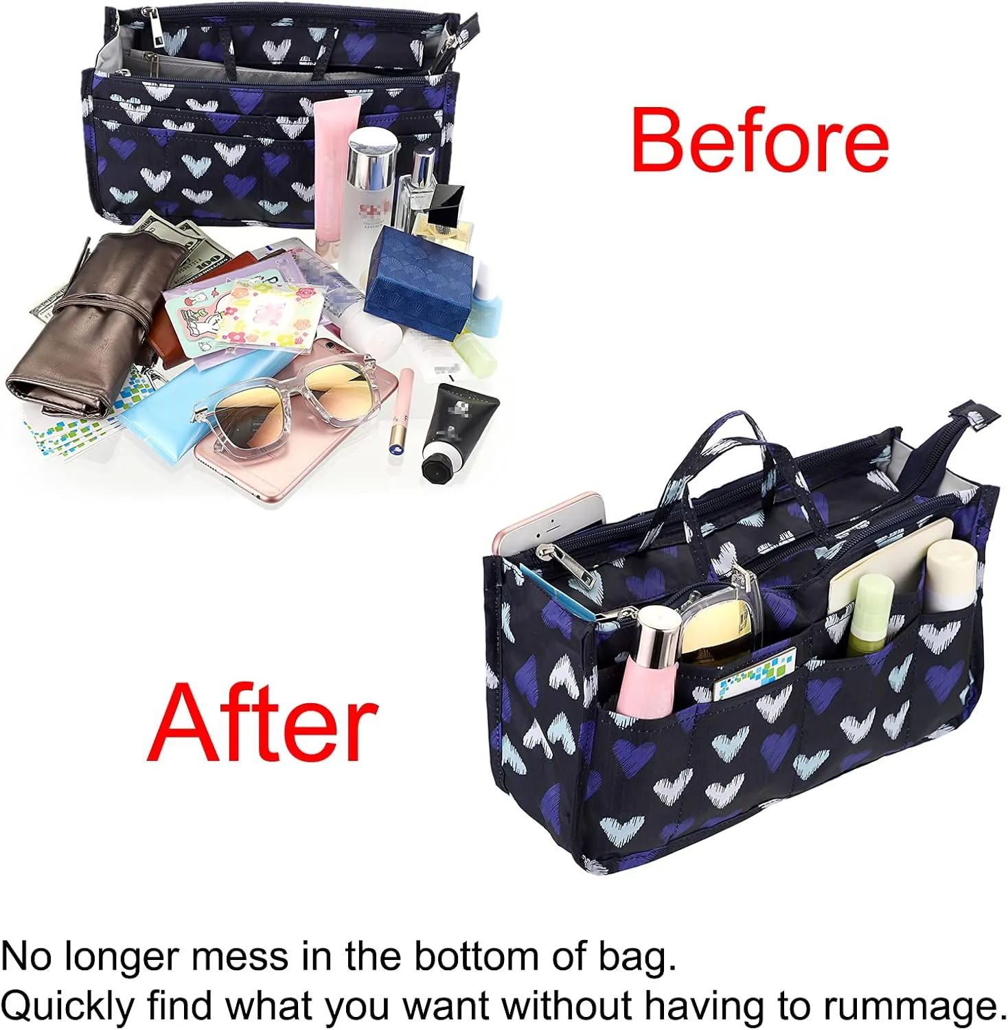 BTSKY Printing Handbag Organizers Inside Purse Insert - High Capacity 13 Pockets Bag Tote Organizer with Handle (Blue Heart)