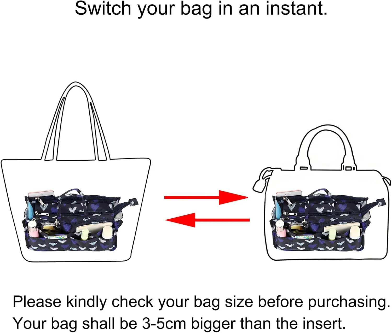BTSKY Printing Handbag Organizers Inside Purse Insert - High Capacity 13 Pockets Bag Tote Organizer with Handle (Blue Heart)
