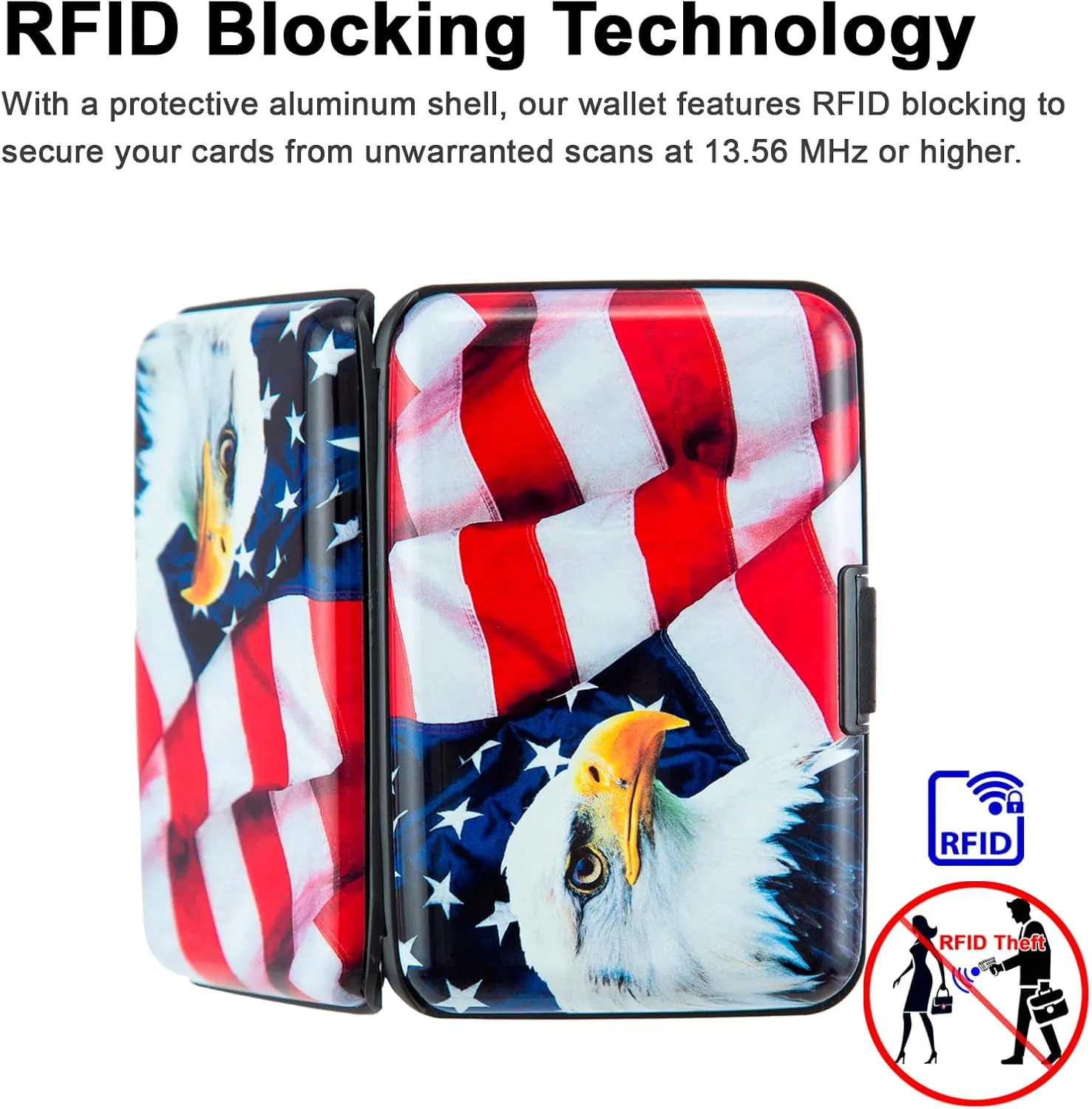 Credit Card Holder, RFID Blocking Small Metal Credit Cards Holder Wallet for Women Men Business Aluminum Protector Sleeves Slim Case (Bald Eagle on American Flag)