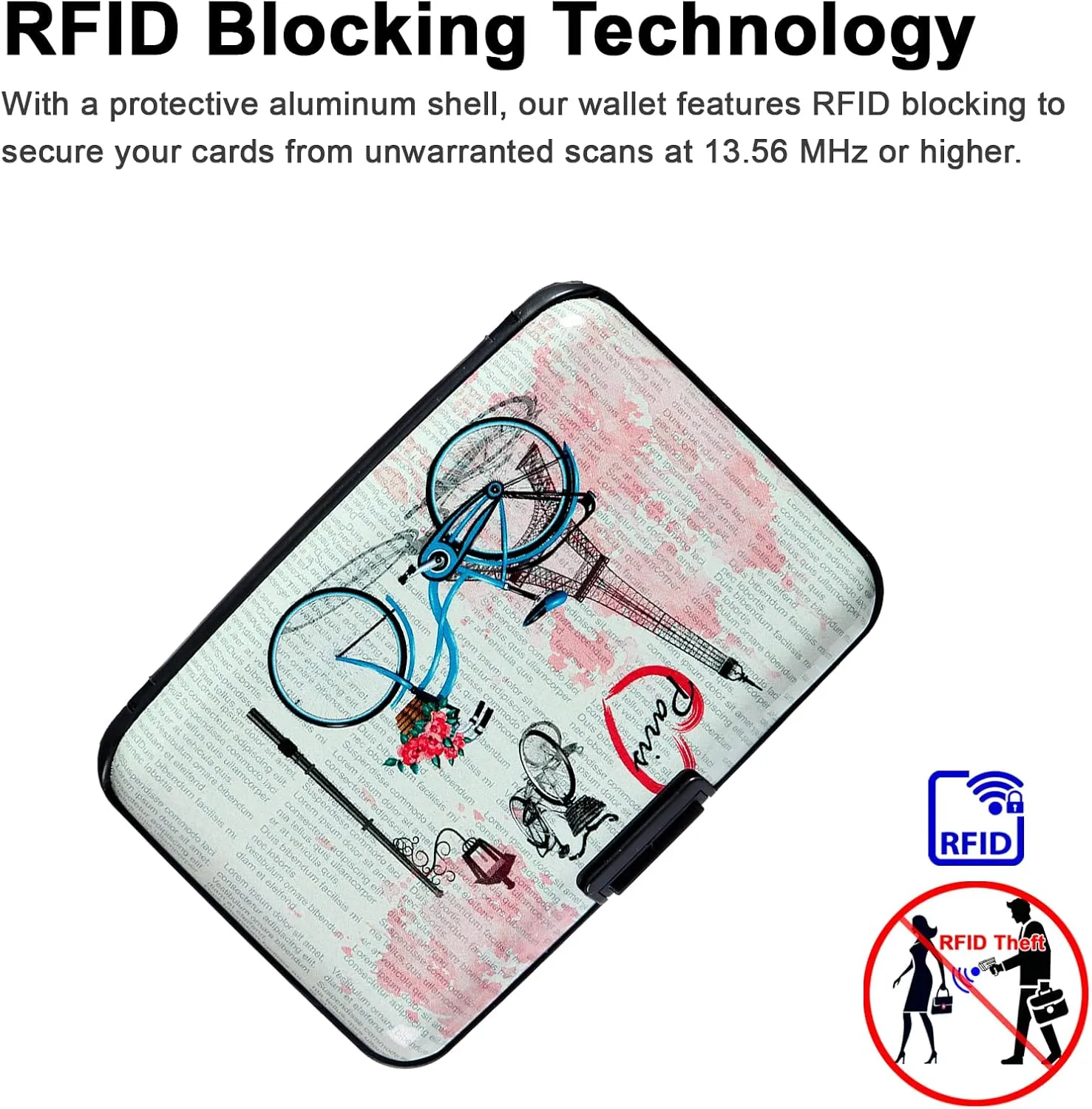 Credit Card Holder, RFID Blocking Small Metal Credit Cards Holder Wallet for Women Men Business Aluminum Protector Sleeves Slim Case (Eiffel Tower Bike)