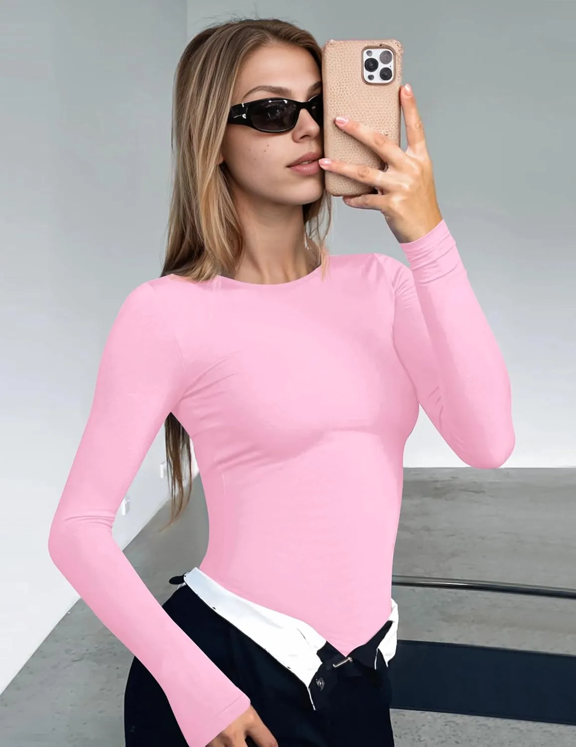 Ekouaer Women's Long Sleeve Shirts Tight Fitted Tops Crewneck Underscrubs Tee Lightweight Basic Thermal Undershirts