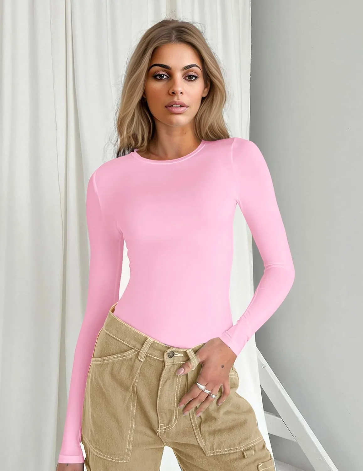 Ekouaer Women's Long Sleeve Shirts Tight Fitted Tops Crewneck Underscrubs Tee Lightweight Basic Thermal Undershirts