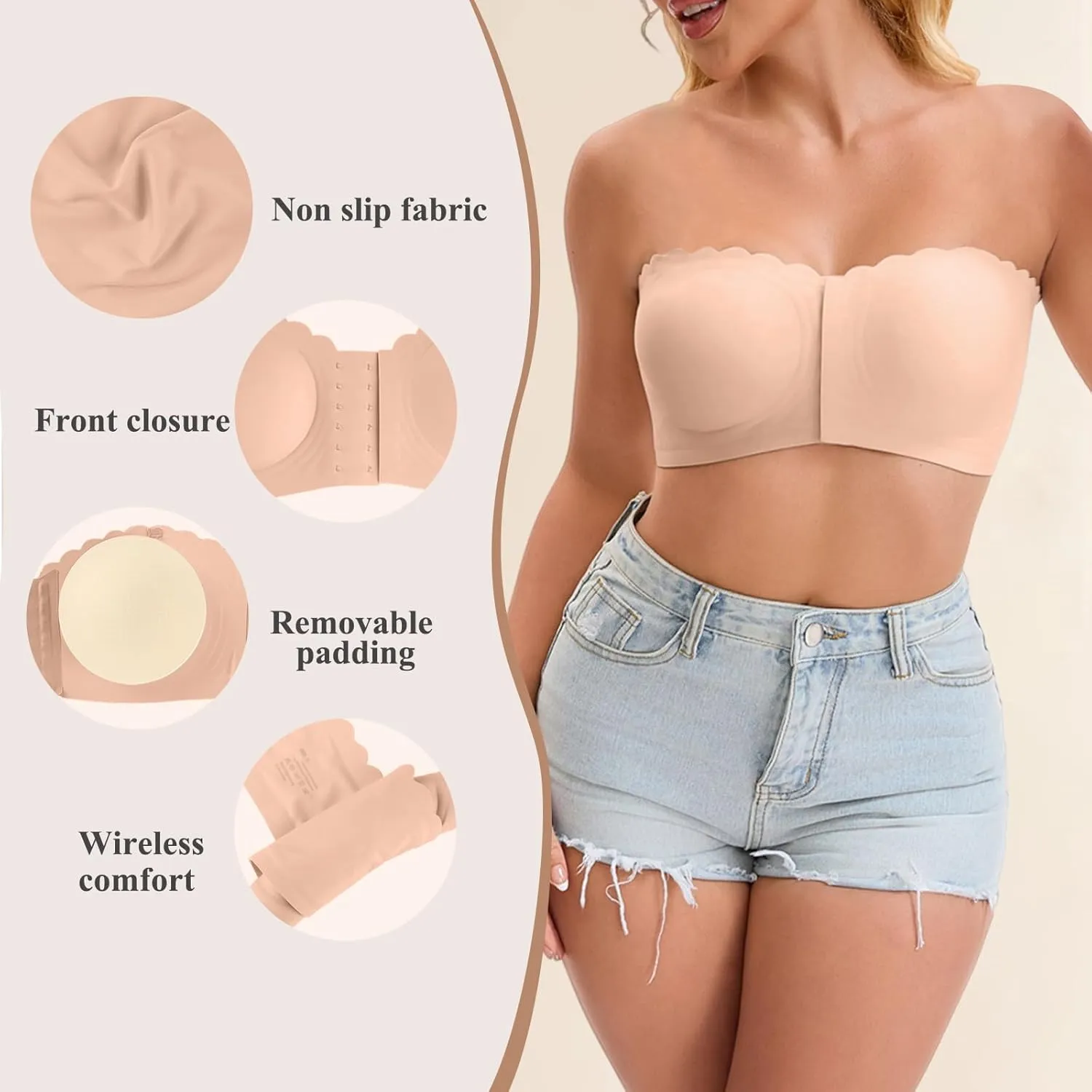 Front Closure Wireless Strapless Bras for Women Seamless Comfy Bandeau Bralette
