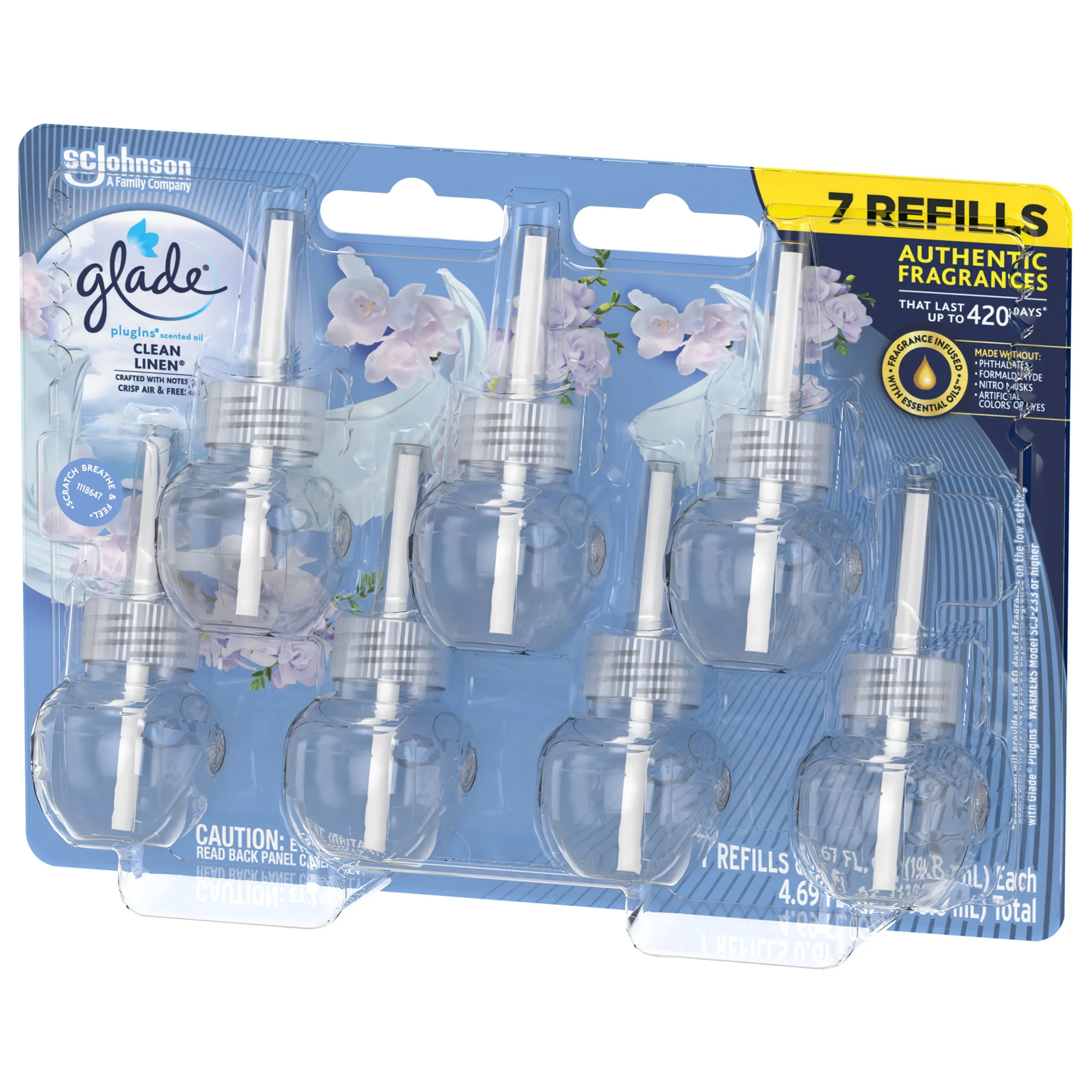 Glade PlugIns Scented Oil Refill Clean Linen, Essential Oil Infused Wall Plug In, 4.69 fl oz, Pack of 7
