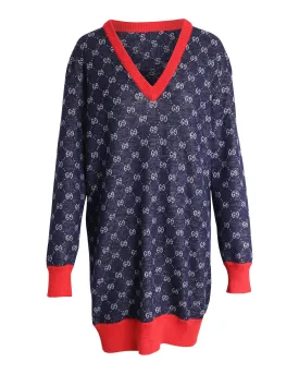 Gucci Bicolor Logo Patterned Knit Sweater Dress in Blue Wool