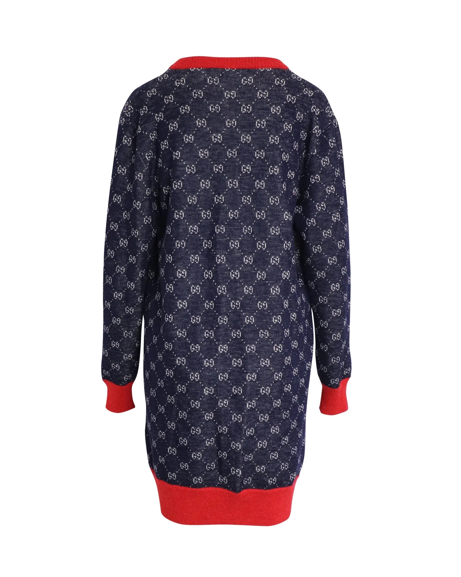 Gucci Bicolor Logo Patterned Knit Sweater Dress in Blue Wool