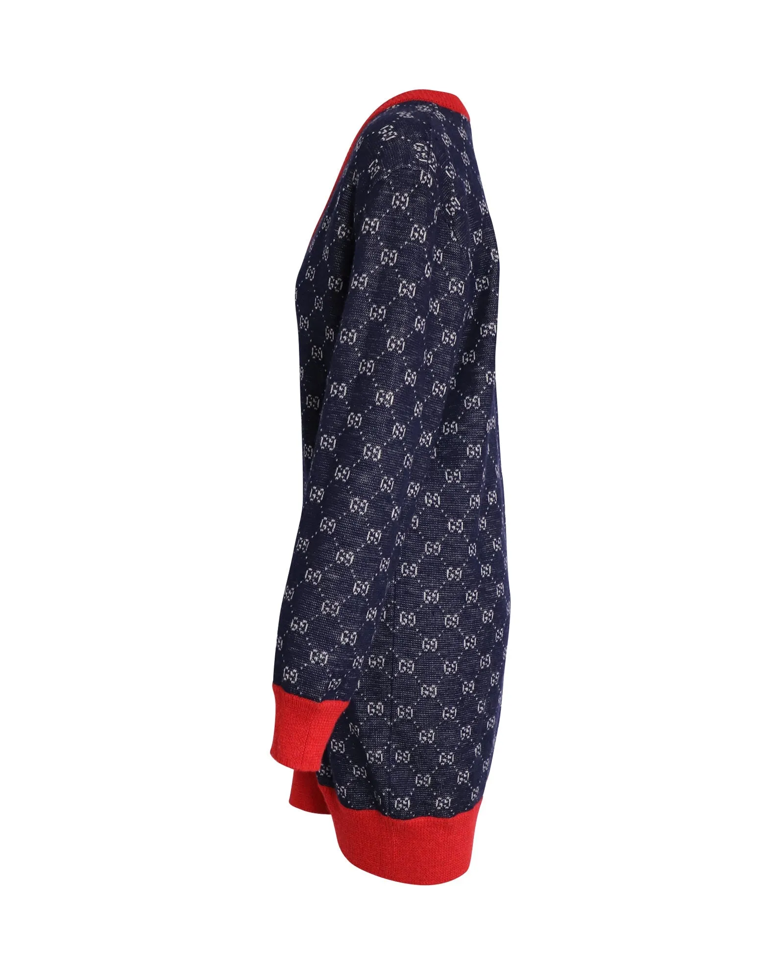 Gucci Bicolor Logo Patterned Knit Sweater Dress in Blue Wool