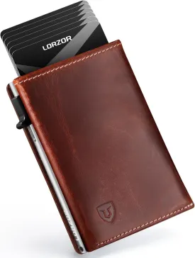 LORZOR Wallet for Men with Metal Card Holder, Pop Up Wallet, Finest Full Grain Leather Trifold Wallet, Smart, Minimalist, RFID Blocking, Front Pocket, ID Window, VintageBrown/Silver