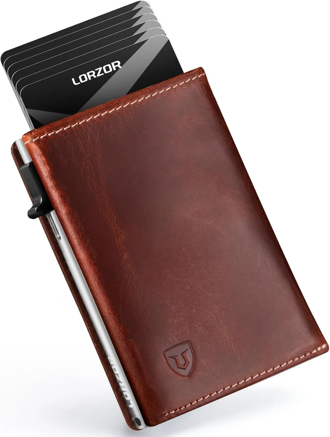 LORZOR Wallet for Men with Metal Card Holder, Pop Up Wallet, Finest Full Grain Leather Trifold Wallet, Smart, Minimalist, RFID Blocking, Front Pocket, ID Window, VintageBrown/Silver