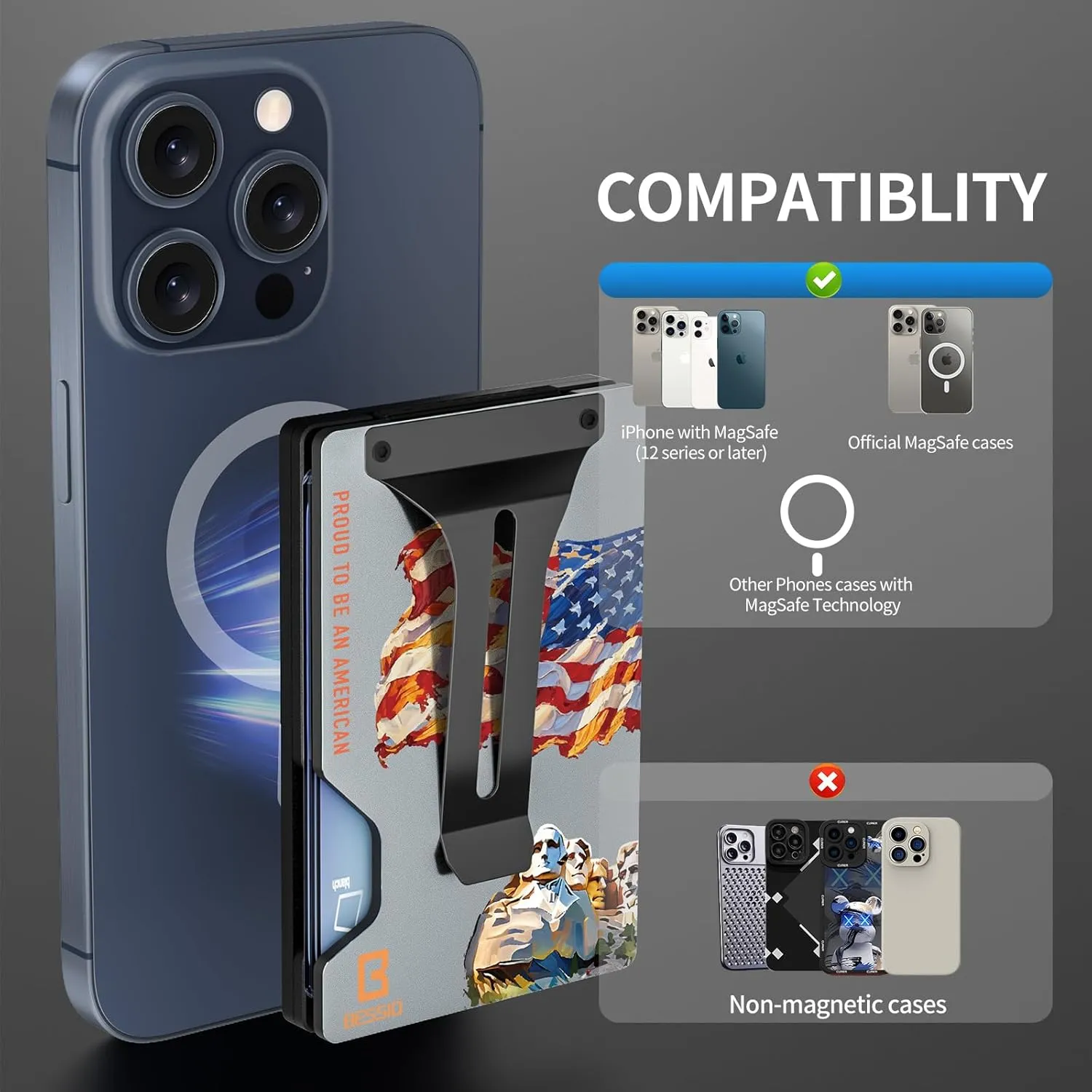 Magnetic Phone Wallet Compatible with Apple MagSafe - Metal Card Holder with AirTag Holder, RFID Blocking & Money Clip Mag Safe Wallet for iPhone 16 15 14 13 12 Pro Max/Pro/Plus/Mini