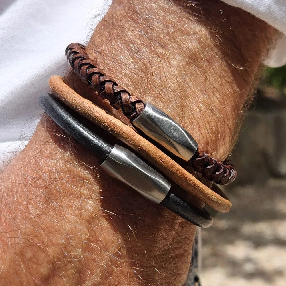 Men's Ellis Tan Leather Bracelet w Magnetic Clasp