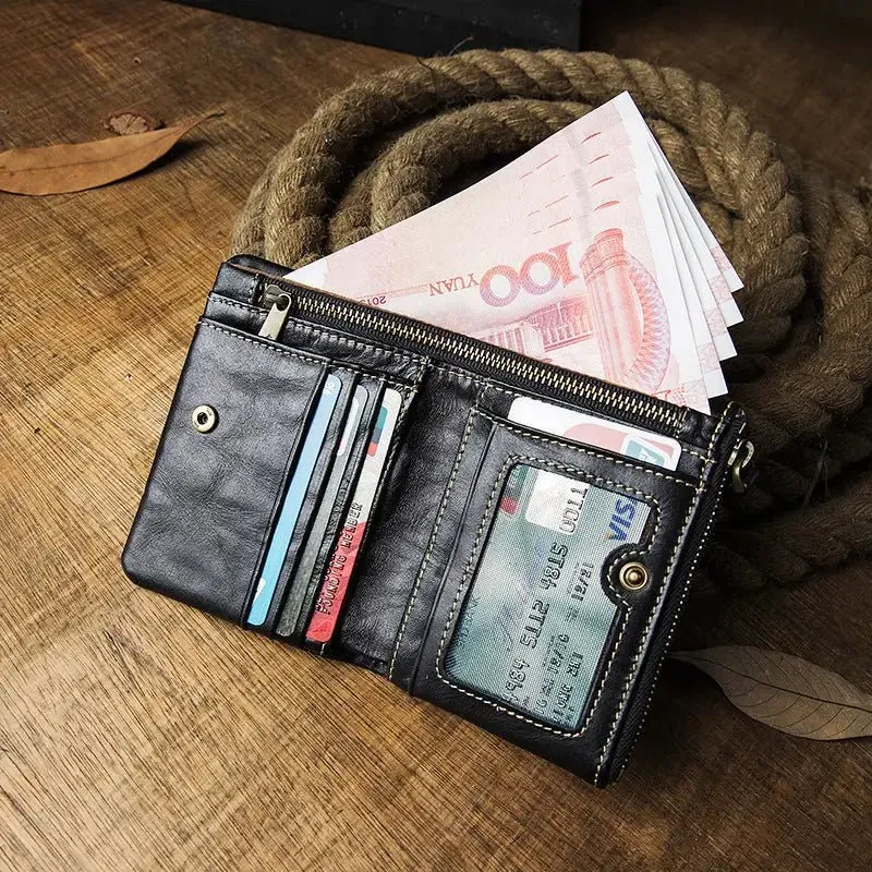Men's Short Genuine Wallet with Anti-Magnetic Function & First Layer Cowhide Leather