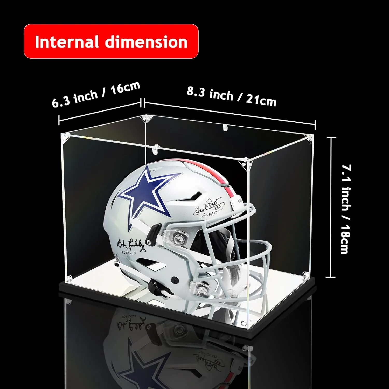 Mini Football Helmet Display Case Mirror Base, Acrylic Display Case for Mini Football Helmet, Self-Assembly (8.3x6.3x7.1 inch, 21x16x18 cm)