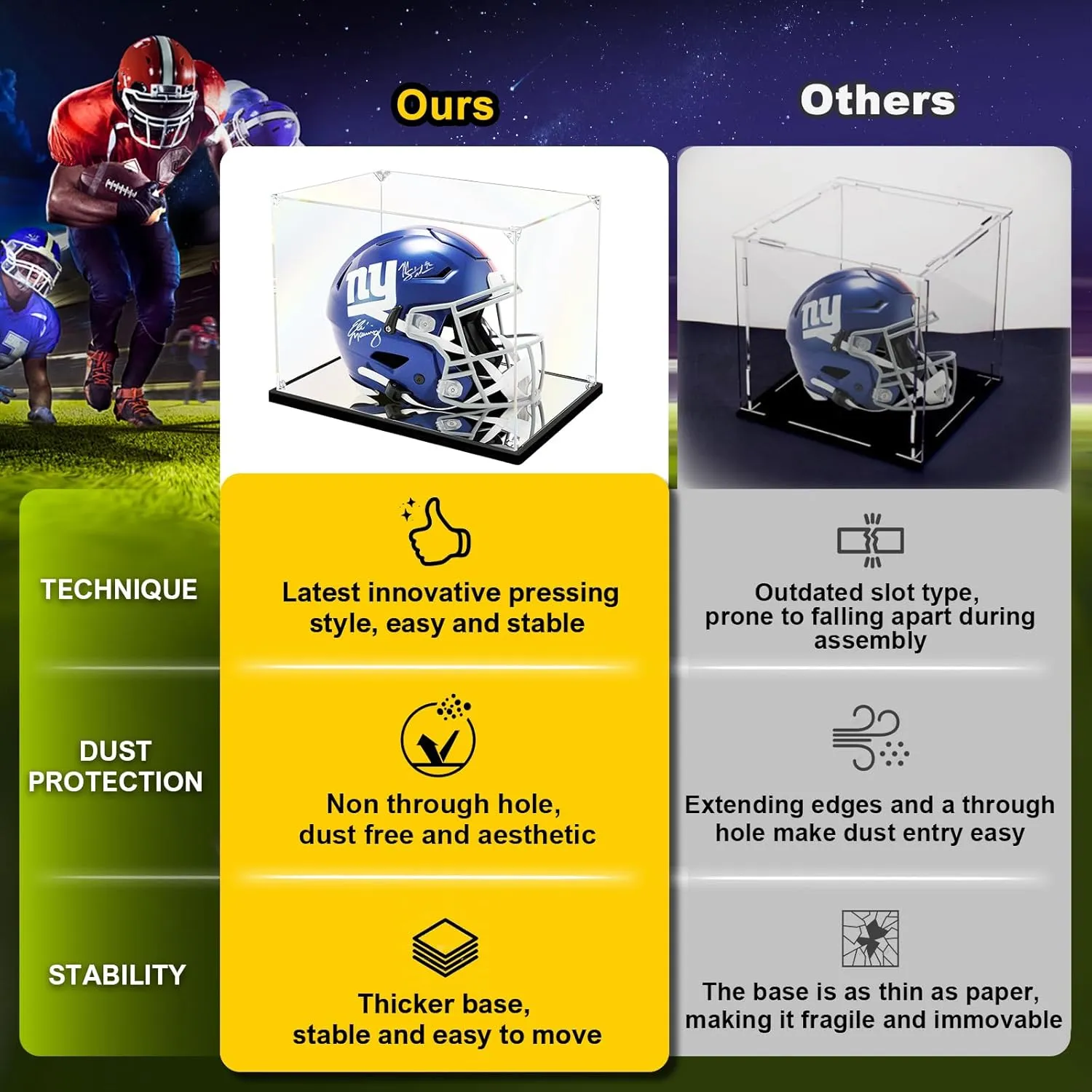 Mini Football Helmet Display Case Mirror Base, Acrylic Display Case for Mini Football Helmet, Self-Assembly (8.3x6.3x7.1 inch, 21x16x18 cm)