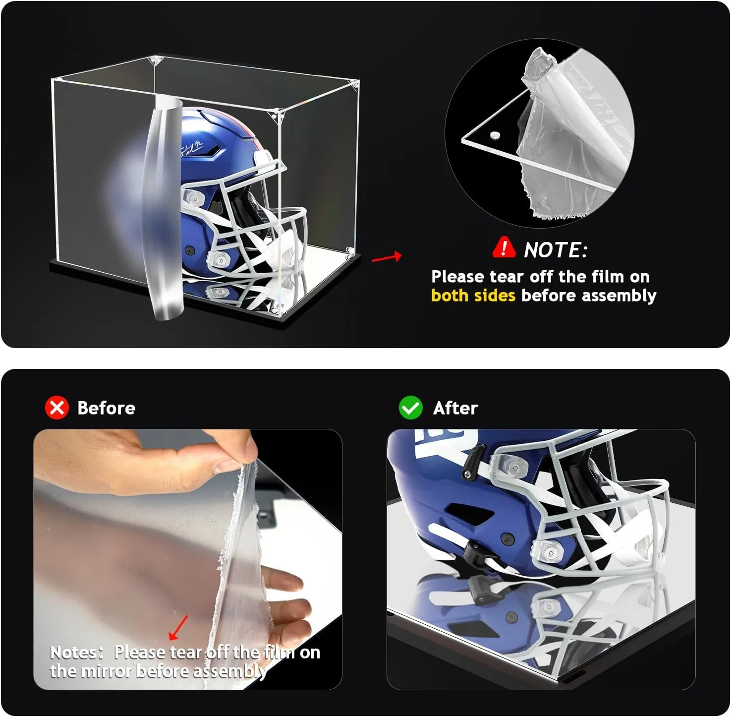 Mini Football Helmet Display Case Mirror Base, Acrylic Display Case for Mini Football Helmet, Self-Assembly (8.3x6.3x7.1 inch, 21x16x18 cm)