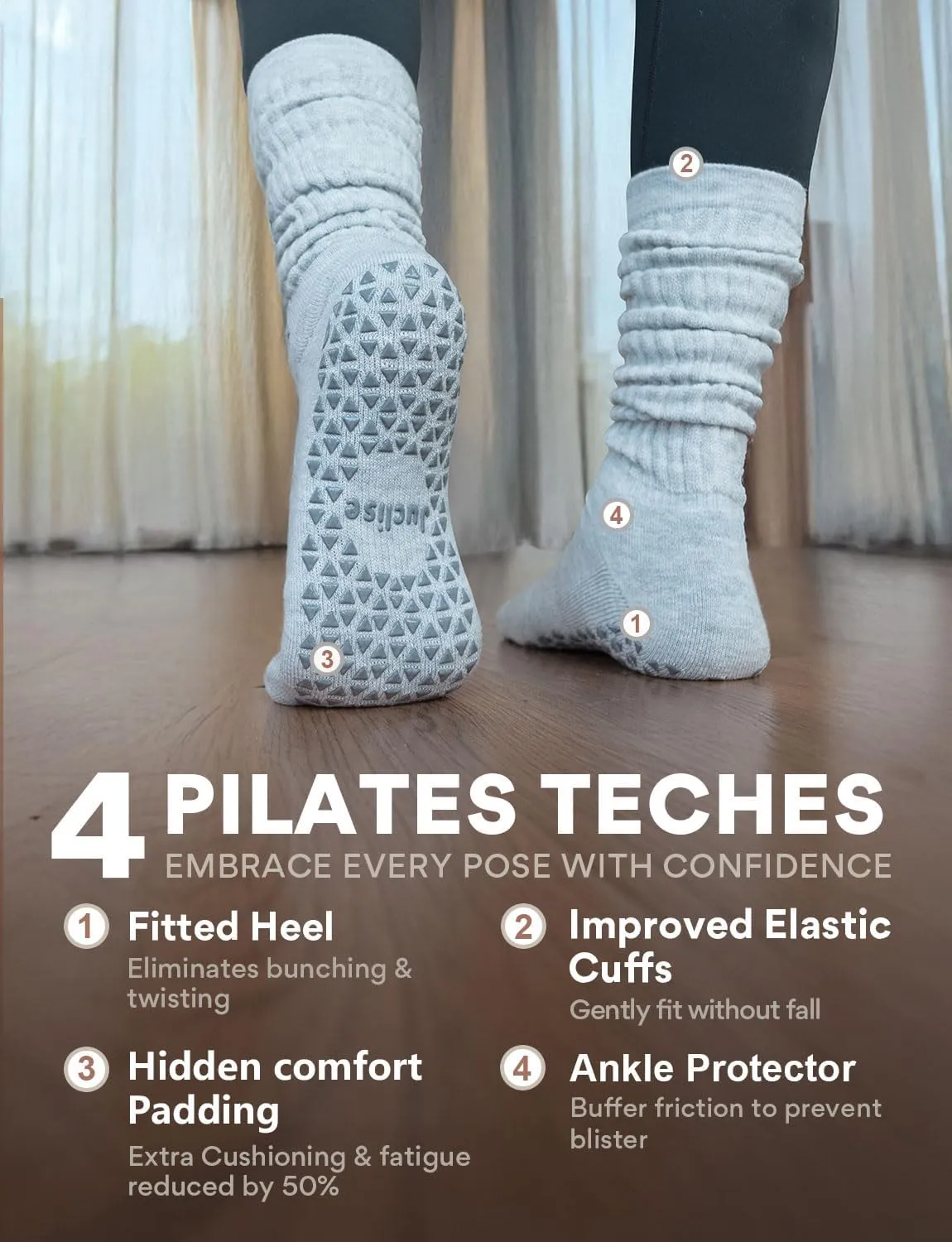 Pilates Slouch Grip Merino Wool Yoga Socks Non Slip Workout Breathable Scrunch Barre Gym