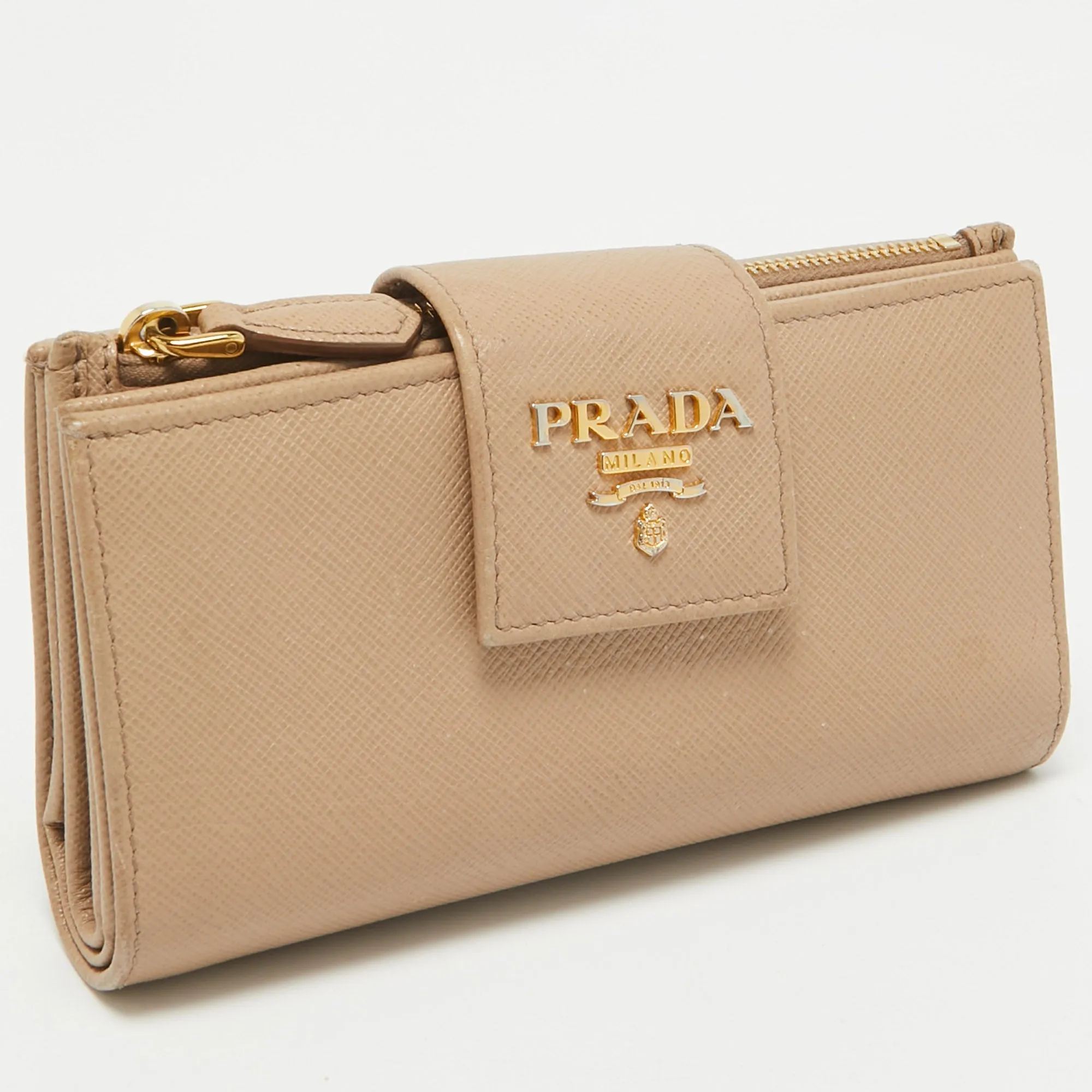 Prada Beige Saffiano Metal Leather Flap French Wallet