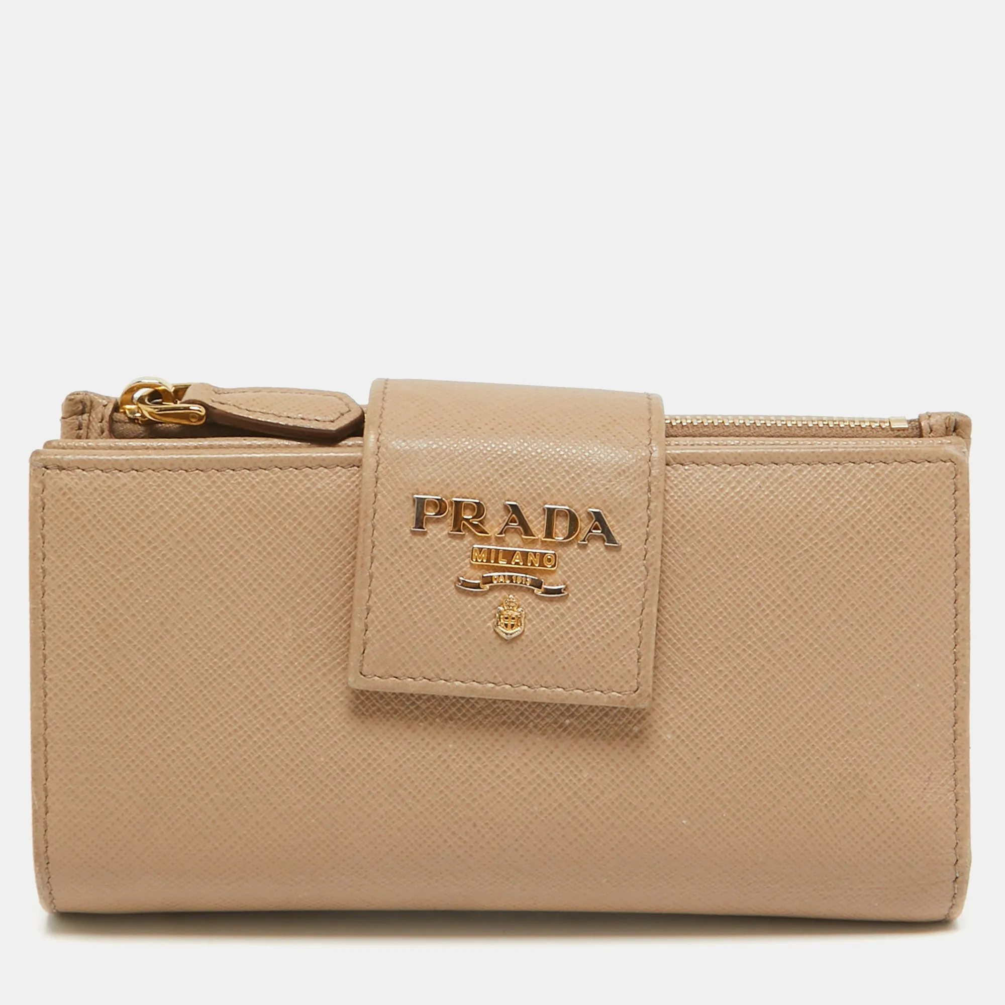 Prada Beige Saffiano Metal Leather Flap French Wallet