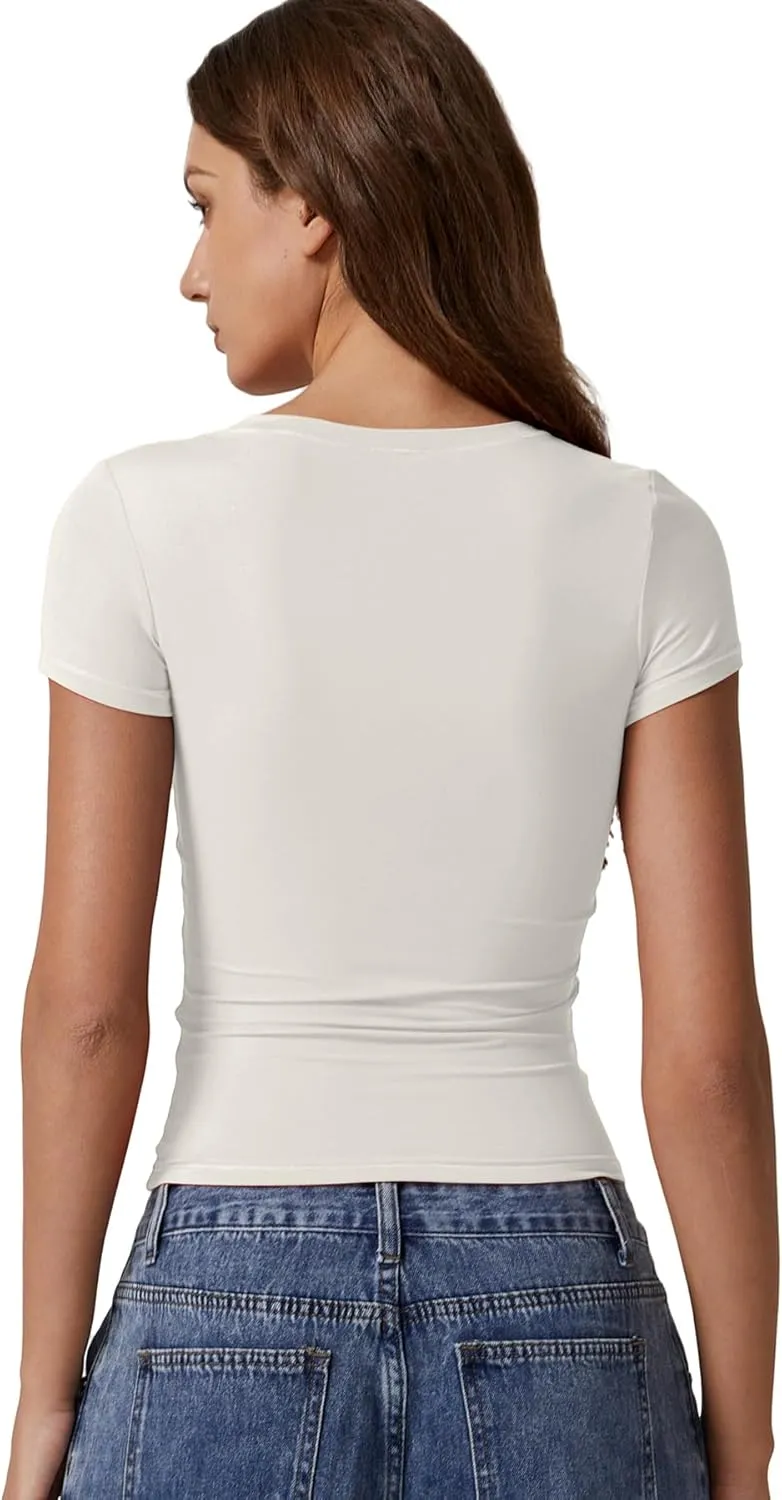 QINSEN Short Sleeve Shirts for Women Round Neck Basic Double Lined Tees Fitted Y2k Crop Tops
