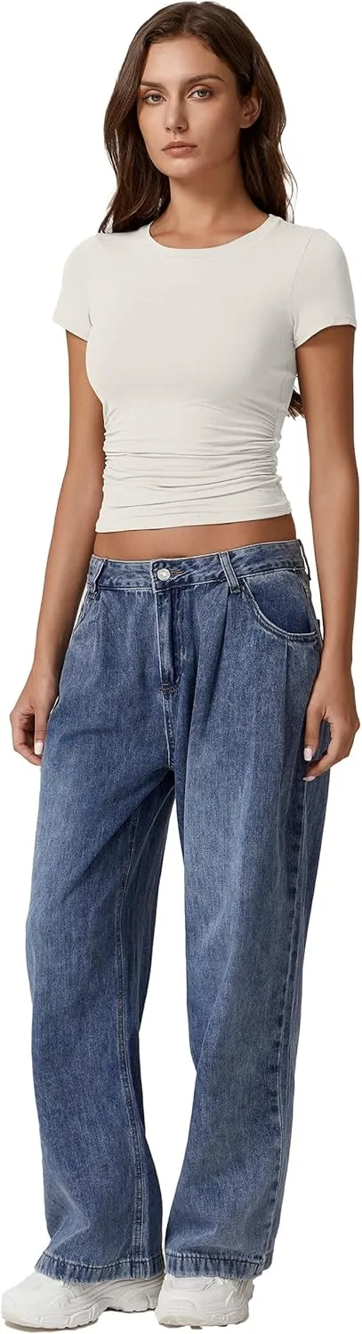 QINSEN Short Sleeve Shirts for Women Round Neck Basic Double Lined Tees Fitted Y2k Crop Tops