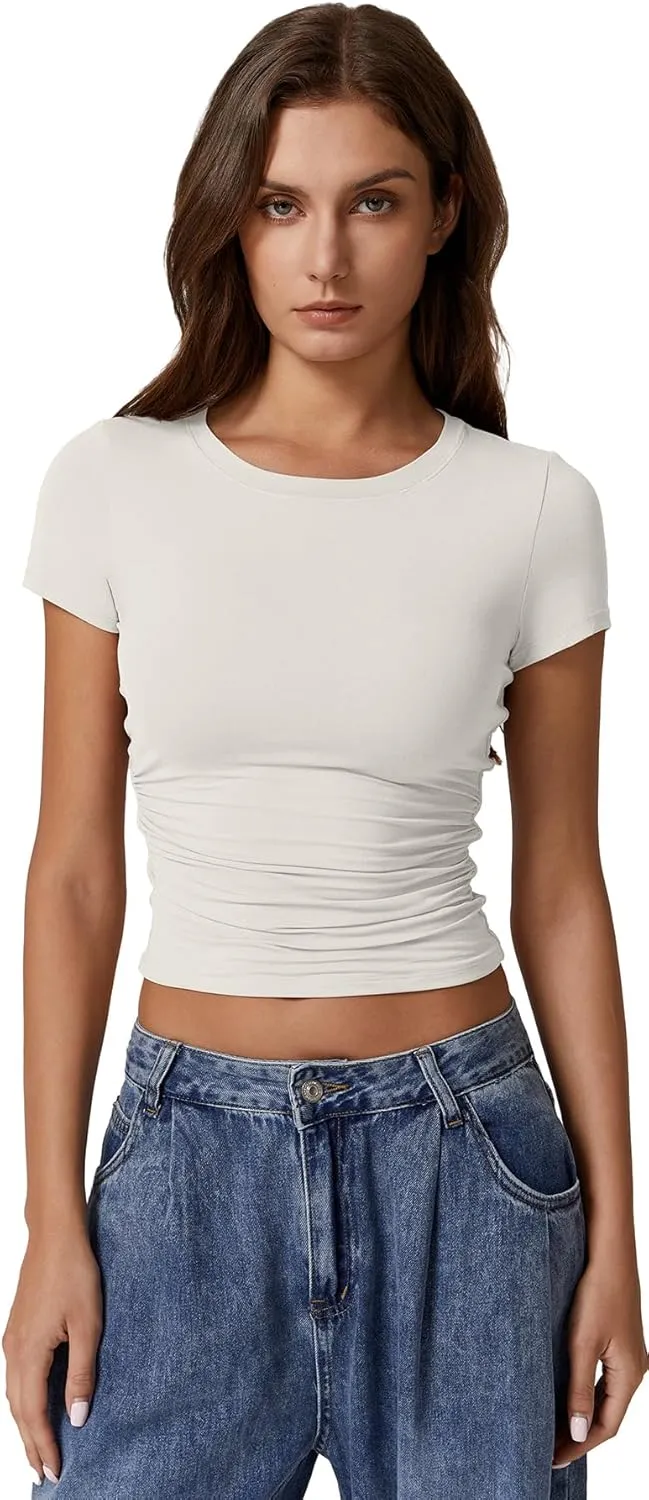 QINSEN Short Sleeve Shirts for Women Round Neck Basic Double Lined Tees Fitted Y2k Crop Tops