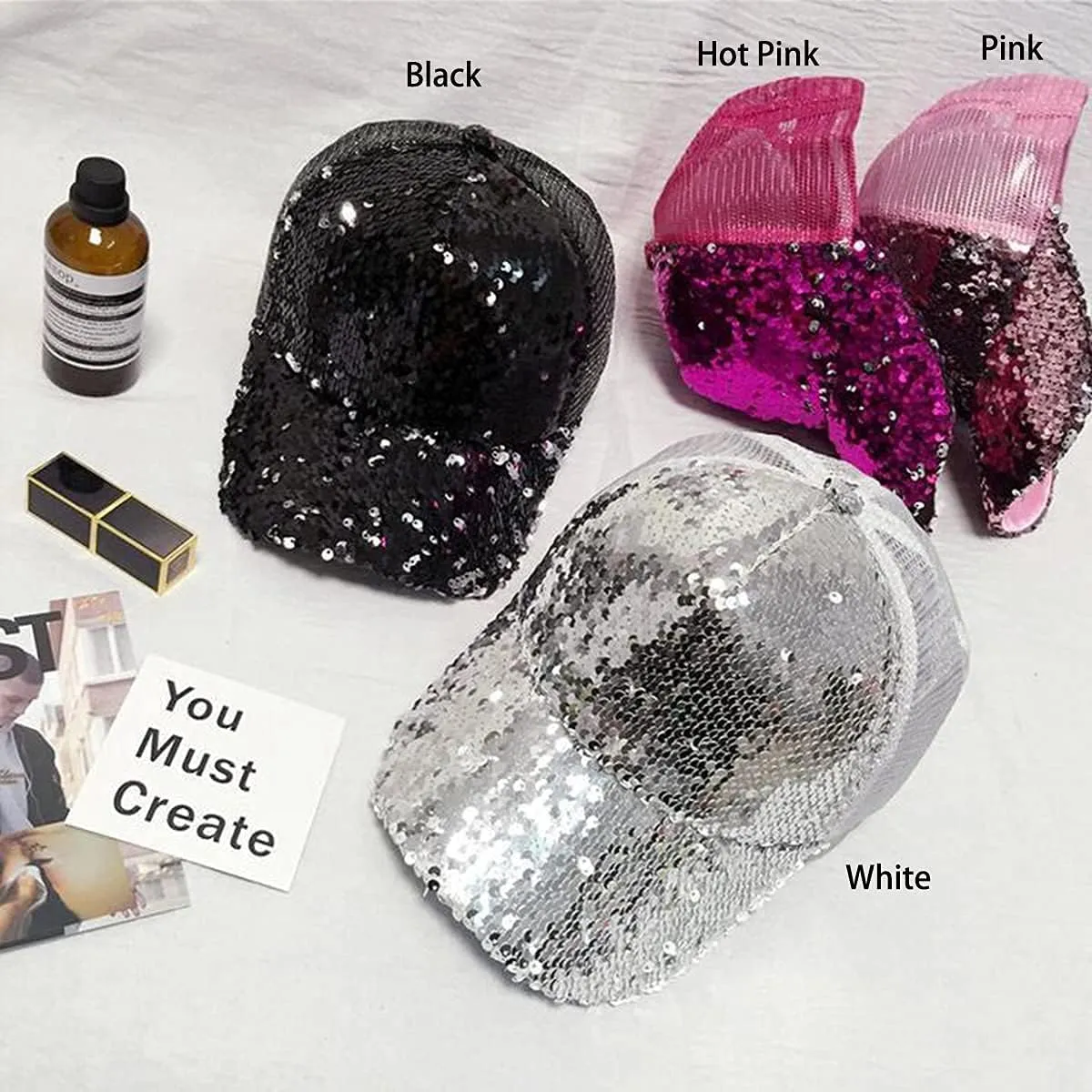 Sequin Hat Magic Adjustable Baseball Hat Cap for Womens - Silver Mirror Decor Baseball Cap Disco-Ball Dance Party Costume