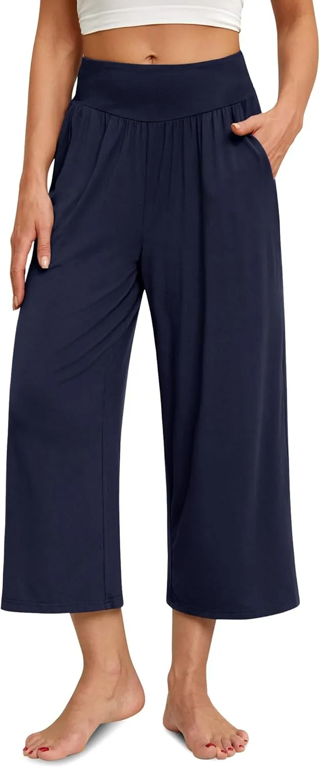 siliteelon Wide Leg Capri Pants for Women Lounge Pajama Pants Women Casual Loose Comfy Flowy Palazzo Pants with Pockets