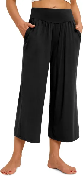 siliteelon Wide Leg Capri Pants for Women Lounge Pajama Pants Women Casual Loose Comfy Flowy Palazzo Pants with Pockets