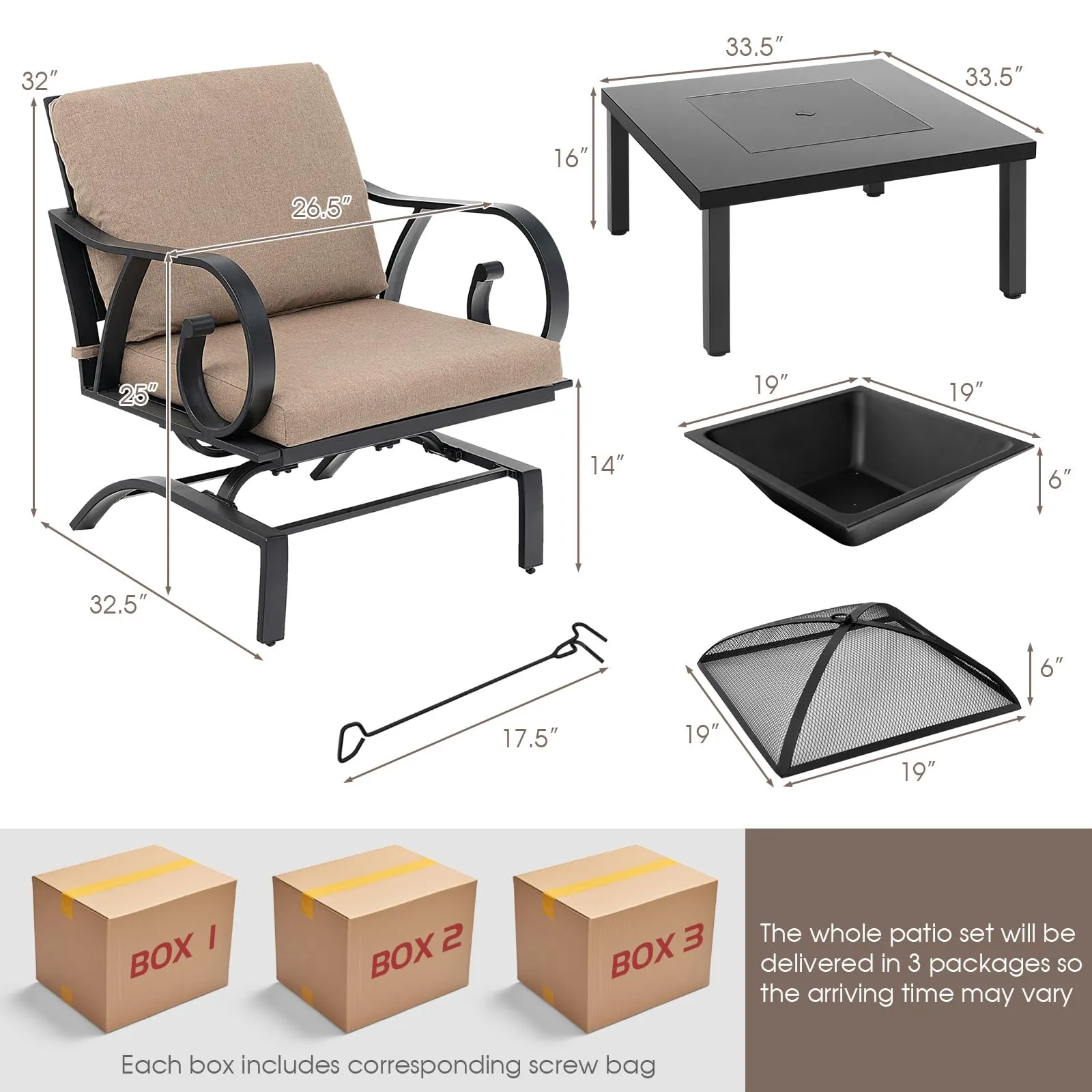 Tangkula 5 Piece Patio Dining Set, Heavy-Duty Rocking Chairs with 4-in-1 Fire Pit Table
