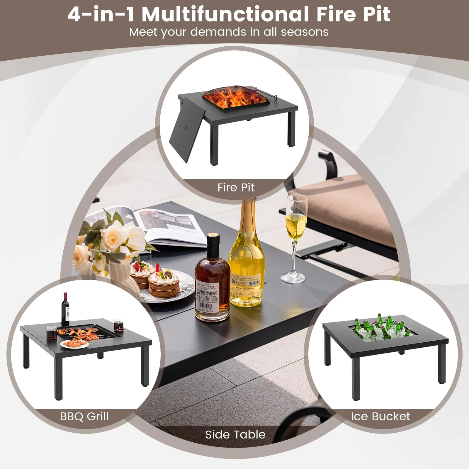 Tangkula 5 Piece Patio Dining Set, Heavy-Duty Rocking Chairs with 4-in-1 Fire Pit Table