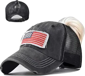 UTOWO Women Baseball-Caps Distressed-American-Flag Ponytail-High-Bun Trucker Dad-Hats