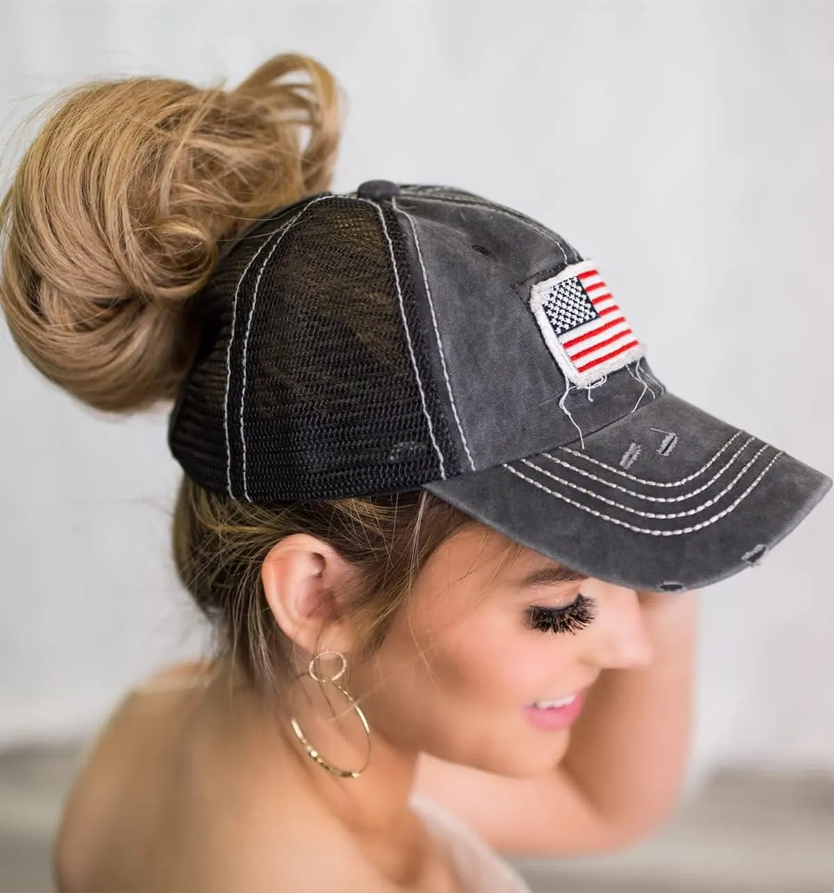 UTOWO Women Baseball-Caps Distressed-American-Flag Ponytail-High-Bun Trucker Dad-Hats
