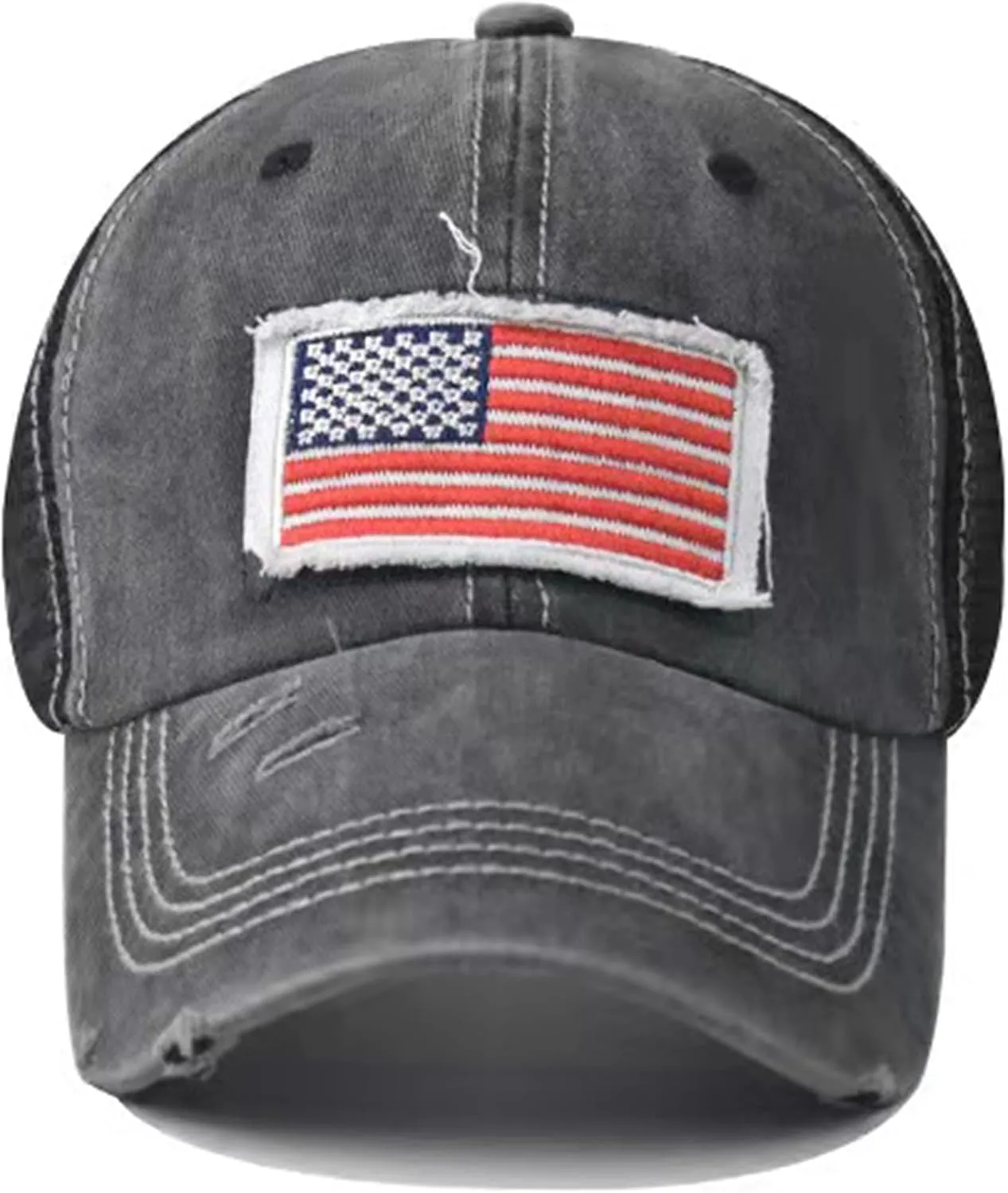 UTOWO Women Baseball-Caps Distressed-American-Flag Ponytail-High-Bun Trucker Dad-Hats