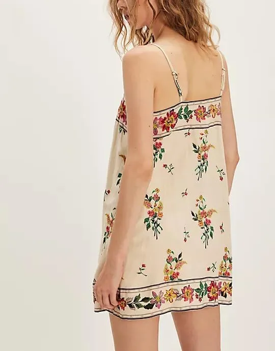 Women Boho Floral Seashell Mini Dress Spaghetti Strap Beach Graffiti Cami Dress Cute Summer Coastal Short Sundress