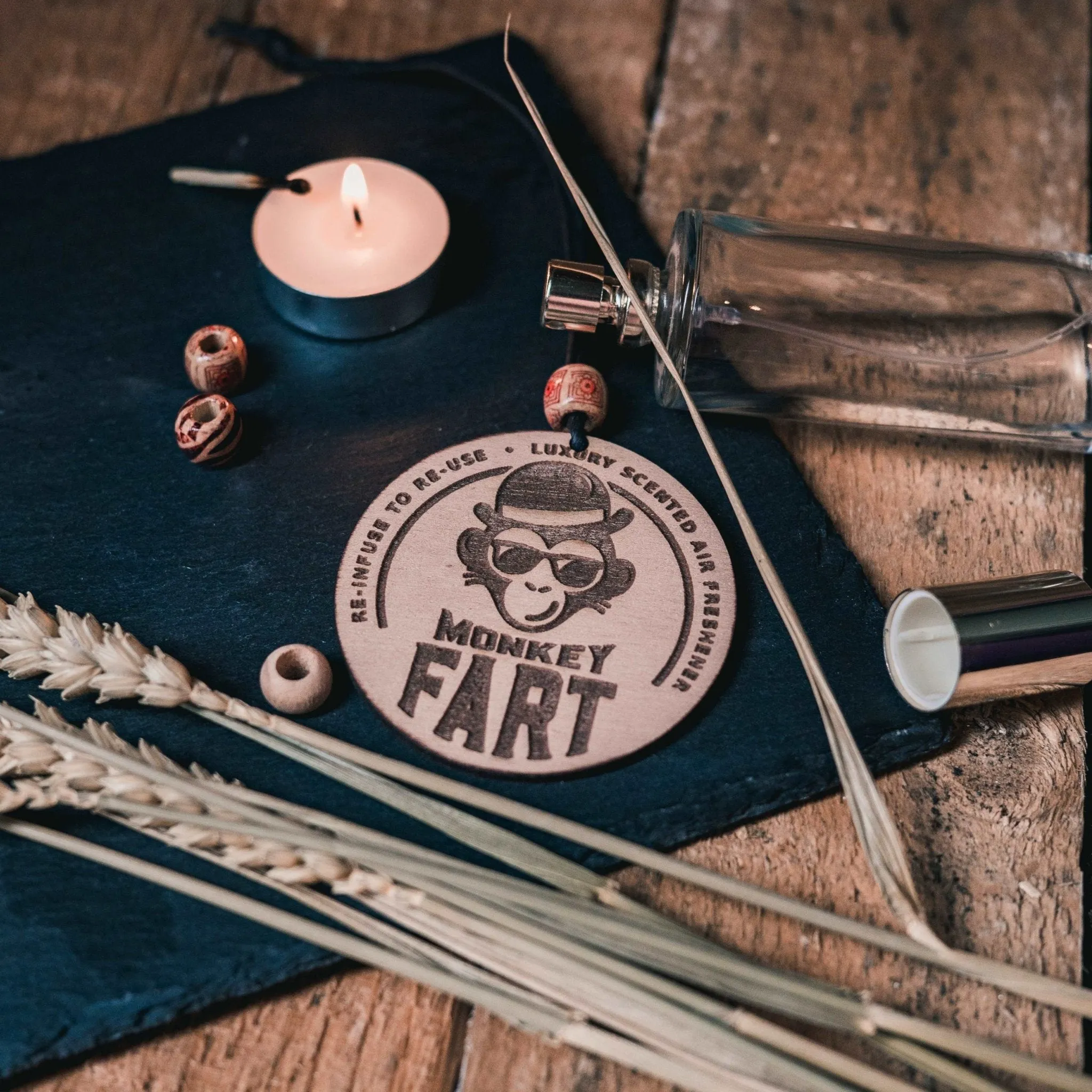 Wooden disc Car Air Freshener - 'Monkey Fart' Design