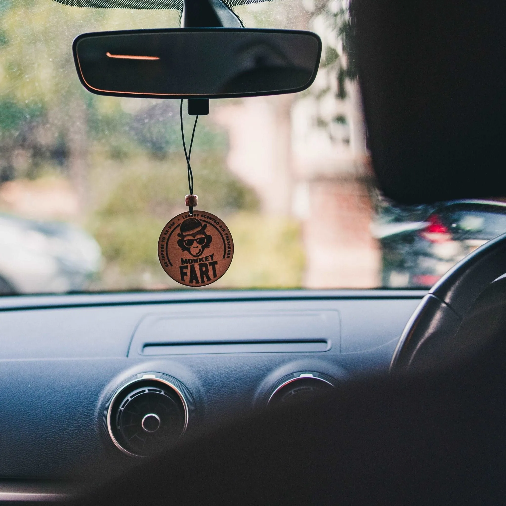 Wooden disc Car Air Freshener - 'Monkey Fart' Design